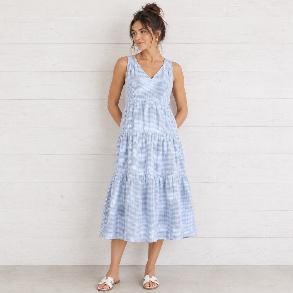 Quince 100% Organic Cotton Gauze Tiered Maxi Dress Blue Gingham Medium Preppy